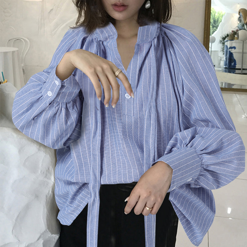 Women's Bow Stand Collar Blouse with Lantern Sleeves - STEP BACK LOOK IN LLC