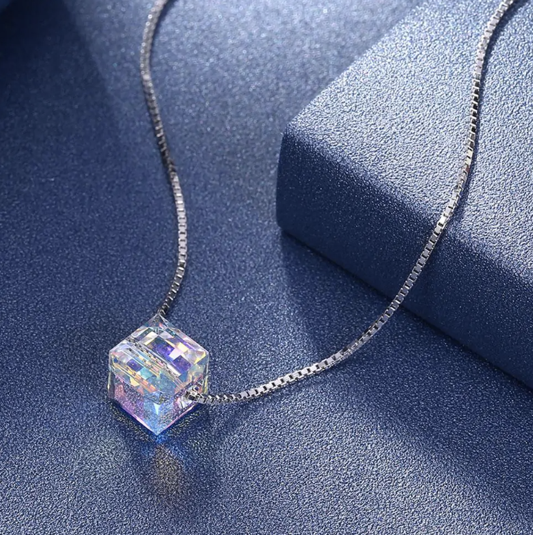 Crystals Aurora Borealis Cube Necklace - STEP BACK LOOK IN LLC
