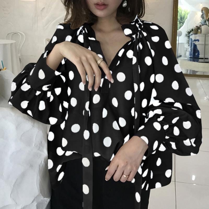 Women's Bow Stand Collar Blouse with Lantern Sleeves - STEP BACK LOOK IN LLC